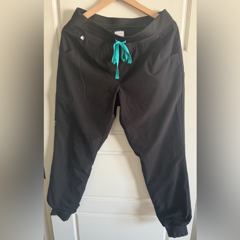 Figs Black Lined Jogger Scrub Pants with Teal Drawstring